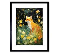 Wall Art Print Fox Dream Floral Yellow Oil Painting Orange White Dreamscape of Lily Flowers in Spring Artwork Framed 9X7 Inch Artery8 Black W7 inch x H9 inch
