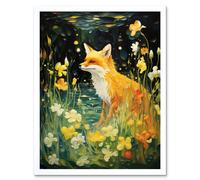 Wall Art Print Fox Dream Floral Yellow Oil Painting Orange White Dreamscape of Lily Flowers in Spring Art Framed Artery8 White W12 inch x H16 inch