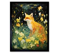 Wall Art Print Fox Dream Floral Yellow Oil Painting Orange White Dreamscape of Lily Flowers in Spring Art Framed Artery8 Black W12 inch x H16 inch