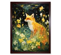 Wall Art Print Fox Dream Floral Yellow Oil Painting Orange White Dreamscape of Lily Flowers in Spring Art Framed Artery8 Brown W12 inch x H16 inch
