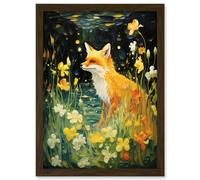 Artery8 Fox Dream Floral Yellow Oil Painting Orange White Dreamscape of Lily Flowers in Spring Artwork Framed Wall Art Print A4
