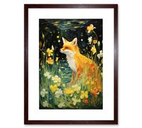 Wall Art Print Fox Dream Floral Yellow Oil Painting Orange White Dreamscape of Lily Flowers in Spring Artwork Framed 9X7 Inch Artery8 Brown W7 inch x H9 inch