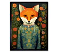 Wall Art Print Fox Flaunting Fancy Floral Frock Felicia Flower Field Fun Art Framed Artery8 Black W12 inch x H16 inch