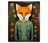 Wall Art Print Fox Flaunting Fancy Floral Frock Felicia Flower Field Fun Art Framed Artery8 Brown W12 inch x H16 inch