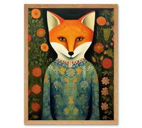 Wall Art Print Fox Flaunting Fancy Floral Frock Felicia Flower Field Fun Art Framed Artery8 Light Oak W12 inch x H16 inch