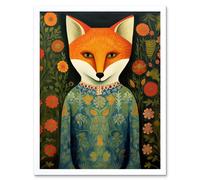 Wall Art Print Fox Flaunting Fancy Floral Frock Felicia Flower Field Fun Art Framed Artery8 White W12 inch x H16 inch