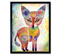 Wall Art Print Fox Folk Art Watercolour Painting Art Framed Artery8 Black W12 inch x H16 inch