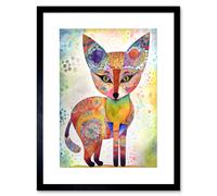 Wall Art Print Fox Folk Art Watercolour Painting Artwork Framed 9X7 Inch Artery8 Black W7 inch x H9 inch