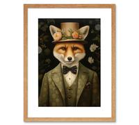 Wall Art Print Fox in Floral Victorian Suit and Top Hat Surrealism Artwork Green Orange Woodland Gentleman Artwork Framed 9X7 Inch Artery8 Beige W7 inch x H9 inch