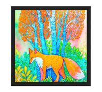 Wall Art Print Fox in Woods Trees Forest Vibrant Colours Orange Splatter Watercolour Painting Square Framed Picture 16X16 Inch Artery8 Black W16 inch x H16 inch