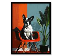 Wall Art Print French Bulldog Chair and Potted Plant Portrait Art Framed Poster Artery8 Black A4
