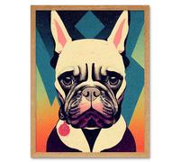 Wall Art Print French Bulldog Portrait Geometric Pastel Modern Art Framed Artery8 Light Oak W12 inch x H16 inch