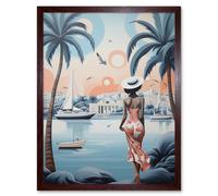 Wall Art Print French Riviera Palm Tree Coastline Boats Stylised Artwork Teal Coral Pink Woman Cote d'Azur Nice Coastal Landscape Art Framed Artery8 Brown W12 inch x H16 inch