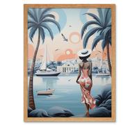 Wall Art Print French Riviera Palm Tree Coastline Boats Stylised Artwork Teal Coral Pink Woman Cote d'Azur Nice Coastal Landscape Art Framed Artery8 Light Oak W12 inch x H16 inch