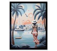 Wall Art Print French Riviera Palm Tree Coastline Boats Stylised Artwork Teal Coral Pink Woman Cote d'Azur Nice Coastal Landscape Art Framed Artery8 Black W12 inch x H16 inch