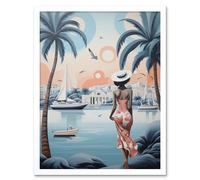 Wall Art Print French Riviera Palm Tree Coastline Boats Stylised Artwork Teal Coral Pink Woman Cote d'Azur Nice Coastal Landscape Art Framed Artery8 White W12 inch x H16 inch