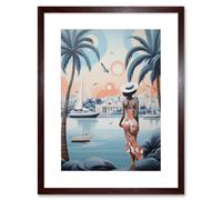 Wall Art Print French Riviera Palm Tree Coastline Boats Stylised Artwork Teal Coral Pink Woman Cote d'Azur Nice Coastal Landscape Artwork Framed 9X7 I Artery8 Brown W7 inch x H9 inch