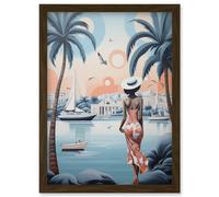 Wall Art Print French Riviera Palm Tree Coastline Boats Stylised Artwork Teal Coral Pink Woman Cote d'Azur Nice Coastal Landscape Artwork Framed A4 Artery8 Brown A4