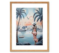 Wall Art Print French Riviera Palm Tree Coastline Boats Stylised Artwork Teal Coral Pink Woman Cote d'Azur Nice Coastal Landscape Artwork Framed 9X7 I Artery8 Beige W7 inch x H9 inch