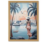 Artery8 French Riviera Palm Tree Coastline Boats Stylised Artwork Teal Coral Pink Woman Cote d'Azur Nice Coastal Landscape Artwork Framed Wall Art Print A4