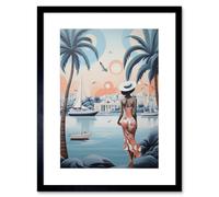 Wall Art Print French Riviera Palm Tree Coastline Boats Stylised Artwork Teal Coral Pink Woman Cote d'Azur Nice Coastal Landscape Artwork Framed 9X7 I Artery8 Black W7 inch x H9 inch
