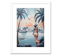 Wall Art Print French Riviera Palm Tree Coastline Boats Stylised Artwork Teal Coral Pink Woman Cote d'Azur Nice Coastal Landscape Artwork Framed 9X7 I Artery8 White W7 inch x H9 inch