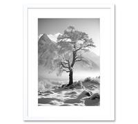 Wall Art Print Frozen Tree in Snowy Mountain Landscape Bright Black and White Photograph Winter Sunrise Crisp Morning Light Artwork Framed 9X7 Inch Artery8 White W7 inch x H9 inch