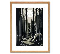 Wall Art Print Full Moon Night at Pine Forest Landscape Linocut Artwork Framed 9X7 Inch Artery8 Beige W7 inch x H9 inch