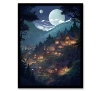 Wall Art Print Full Moon Over Peaceful Village with Traditional Chalet Houses Painting Mountainside Bright Lit Windows on Clear Moonlit Night Art Fram Artery8 Blue A4