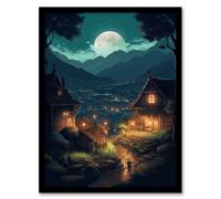 Wall Art Print Full Moon Over Traditional Chalet Houses in Peaceful Village Painting Mountainside Bright Lit Windows on Clear Moonlit Night Art Framed Artery8 Blue A4