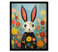 Wall Art Print Funny Bunny Modern Floral Rabbit Animal Artwork for Kids Bedroom or Baby Nursery Art Framed Artery8 Black W12 inch x H16 inch