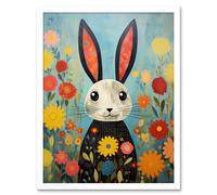 Wall Art Print Funny Bunny Modern Floral Rabbit Animal Artwork for Kids Bedroom or Baby Nursery Art Framed Artery8 White W12 inch x H16 inch
