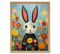 Wall Art Print Funny Bunny Modern Floral Rabbit Animal Artwork for Kids Bedroom or Baby Nursery Art Framed Artery8 Light Oak W12 inch x H16 inch