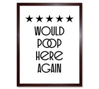 Wall Art Print Funny Toilet Review Sign Five Stars Would Poop Here Again Funny Bathroom Decor Art Framed Artery8 Brown W12 inch x H16 inch