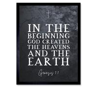 Wall Art Print Genesis 1:1 In The Beginning GOD created the Heavens and the Earth Christian Bible Verse Quote Scripture Typography Art Framed Artery8 Black W12 inch x H16 inch
