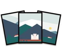 Wall Art Print Geometric Highlands Eilean Donan Bonnie Scotland Castles Black Framed Poster Pack of 3 Wee Blue Coo Multi W12 inch x H16 inch