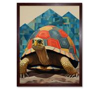 Wall Art Print Geometric Turtle Colourful Hexagon Scutes Shell Pattern Tortoise Bathroom Nautical Theme Art Framed Artery8 Brown W12 inch x H16 inch