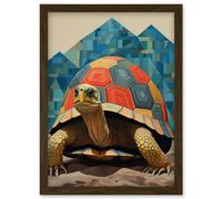 Wall Art Print Geometric Turtle Colourful Hexagon Scutes Shell Pattern Tortoise Bathroom Nautical Theme Artwork Framed A4 Artery8 Brown A4