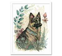 Wall Art Print German Shepherd Dog with a Leaf Collar Spring Field Boho Pastel Watercolour Art Framed Artery8 White W12 inch x H16 inch