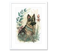 Wall Art Print German Shepherd Dog with a Leaf Collar Spring Field Boho Pastel Watercolour Artwork Framed 9X7 Inch Artery8 White W7 inch x H9 inch