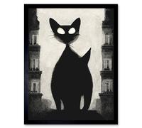 Wall Art Print Giant Black Cat Le Chat Noir City Monochrome Art Framed Artery8 Black W12 inch x H16 inch