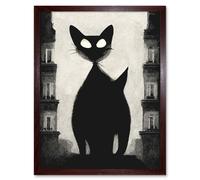 Wall Art Print Giant Black Cat Le Chat Noir City Monochrome Art Framed Artery8 Brown W12 inch x H16 inch