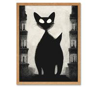 Wall Art Print Giant Black Cat Le Chat Noir City Monochrome Art Framed Artery8 Light Oak W12 inch x H16 inch
