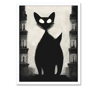 Wall Art Print Giant Black Cat Le Chat Noir City Monochrome Art Framed Artery8 White W12 inch x H16 inch