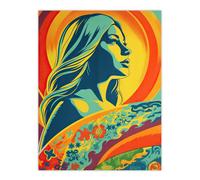 Wall Art Print Girl Surfer Aesthetic Sunset Surfing Floral Surf Board Vibrant Bold Bright Colourful Painting Poster Artery8 Multi W24 inch x H32 inch