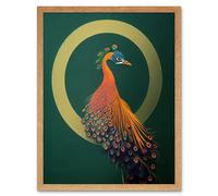 Wall Art Print Glamorous Stylish Chic Modern Peacock Green Gold Orange Art Framed Artery8 Light Oak W12 inch x H16 inch