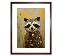 Wall Art Print Gleeful Raccoon Picking Flowers Oil Painting Red White Blooms Spring Meadow Landscape Kids Bedroom Artwork Framed 9X7 Inch Artery8 Brown W7 inch x H9 inch