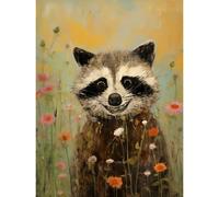 Wall Art Print Gleeful Raccoon Picking Flowers Oil Painting Red White Blooms Spring Meadow Landscape Kids Bedroom Poster Artery8 Multi W24 inch x H32 inch