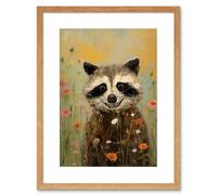 Wall Art Print Gleeful Raccoon Picking Flowers Oil Painting Red White Blooms Spring Meadow Landscape Kids Bedroom Artwork Framed 9X7 Inch Artery8 Beige W7 inch x H9 inch