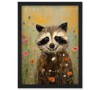 Wall Art Print Gleeful Raccoon Picking Flowers Oil Painting Red White Blooms Spring Meadow Landscape Kids Bedroom Artwork Framed A4 Artery8 Black A4
